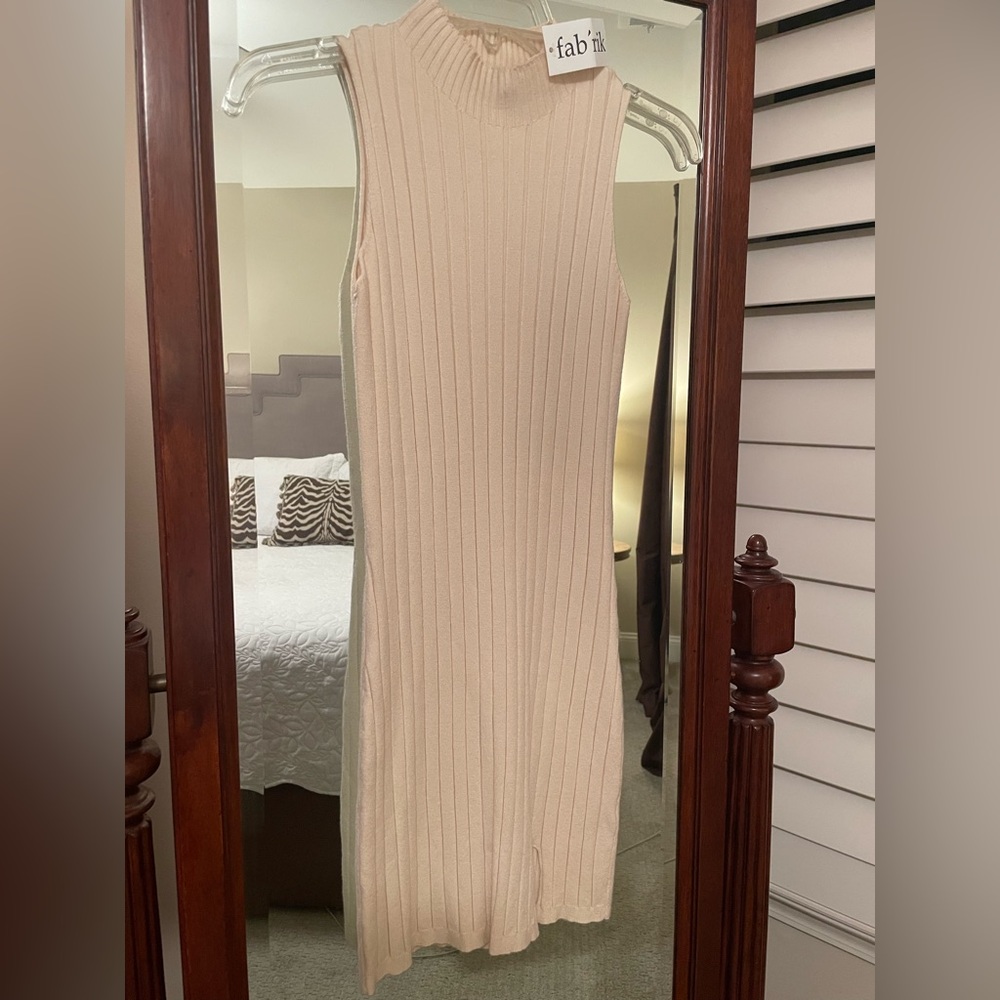 fab'rik Ribbed Cream Mini Body-con Knit Dress